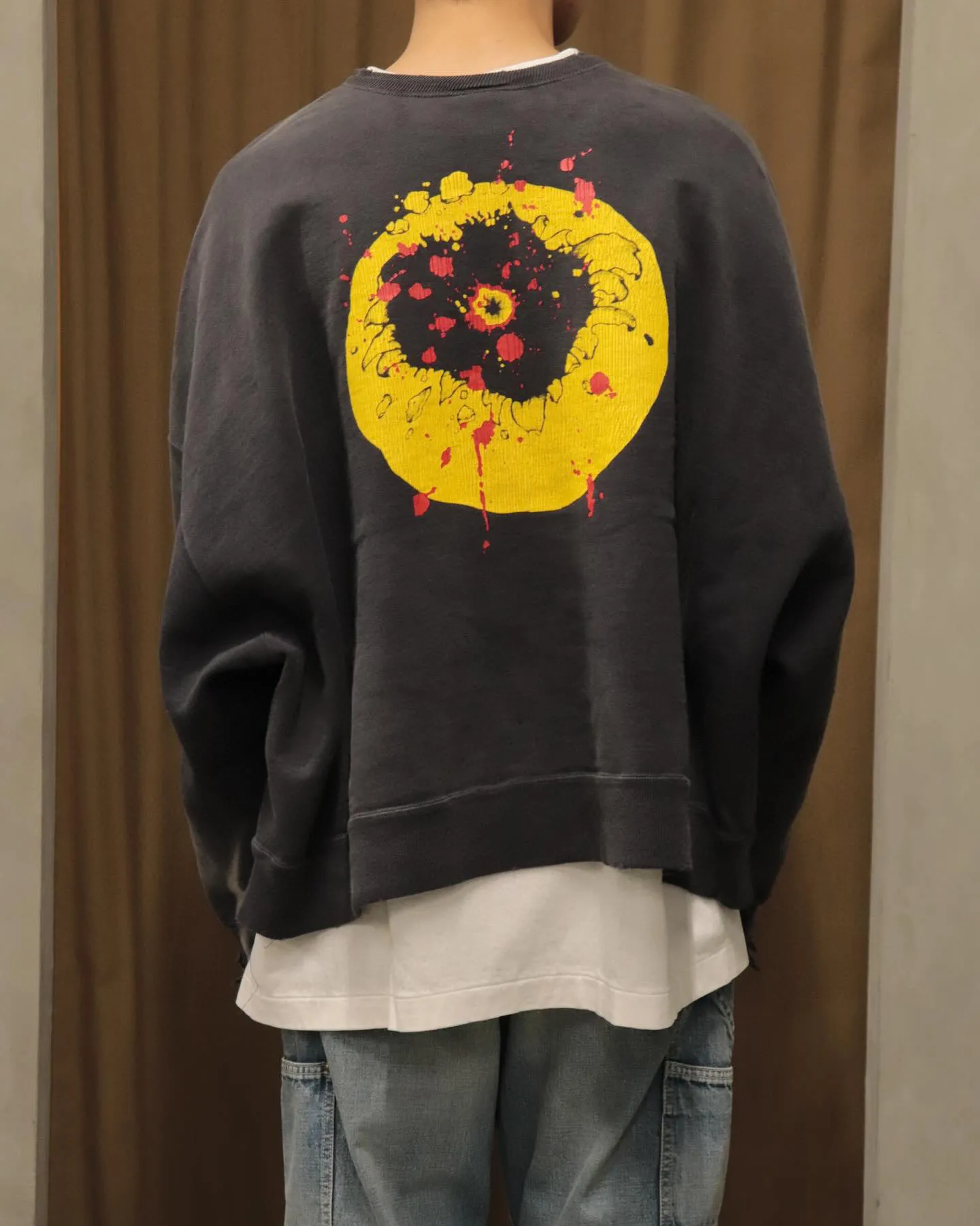 SAINT Mxxxxxx x CACTUS PLANT FLEA MARKET SMILE SWEATER SHIRT CPFM co-branded sweatshirt with smiley face, washed black S-XL, ready-to-wear Assute dyeing, heavy fermentation washing, multi-position spray fading, ultra-complex manual polishing/destruction treatment/special shearing treatment, special striped cuffs/multi-position shearing/pure handmade graffiti and dirty The only correct co-branded main wheat label/wash water label/little angel anti-counterfeiting label in the entire network
